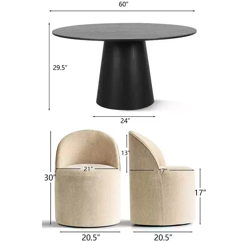 Set da pranzo rotondo moderno per 6 persone, tavolo da pranzo nero con piedistallo, sedie a botte girevoli in ciniglia con ruote - Panipeachy