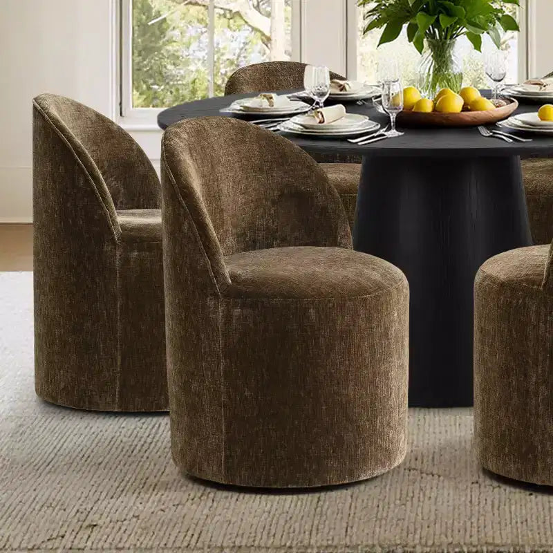 Set da pranzo rotondo moderno per 6 persone, tavolo da pranzo nero con piedistallo, sedie a botte girevoli in ciniglia con ruote - Panipeachy