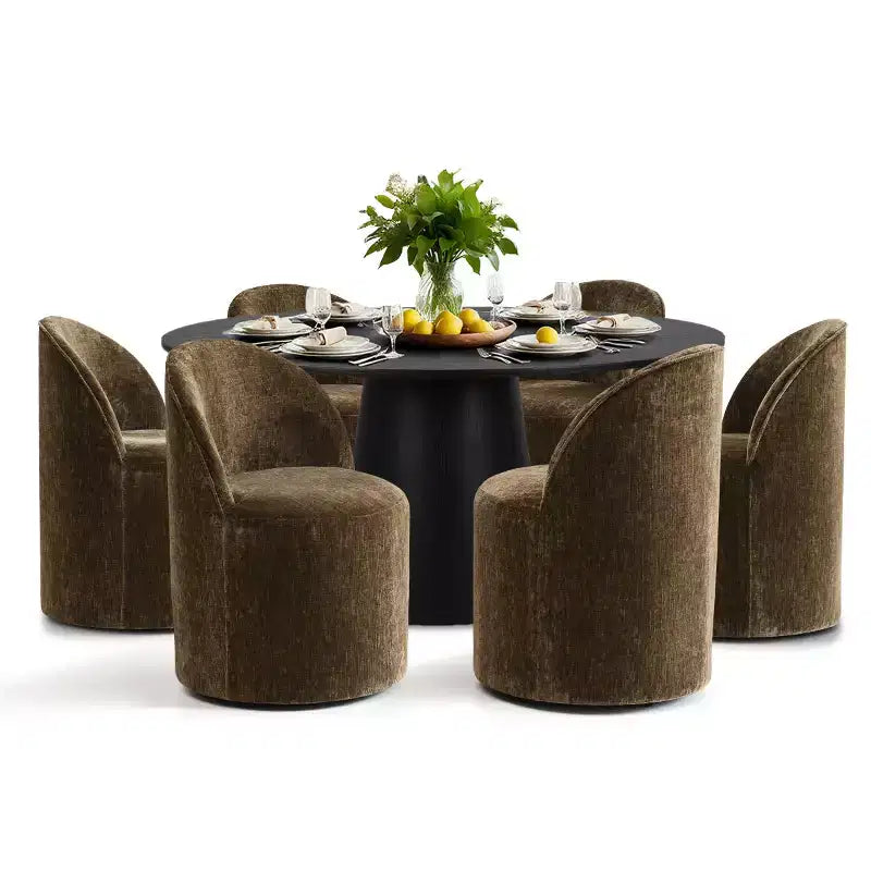 Set da pranzo rotondo moderno per 6 persone, tavolo da pranzo nero con piedistallo, sedie a botte girevoli in ciniglia con ruote - Panipeachy