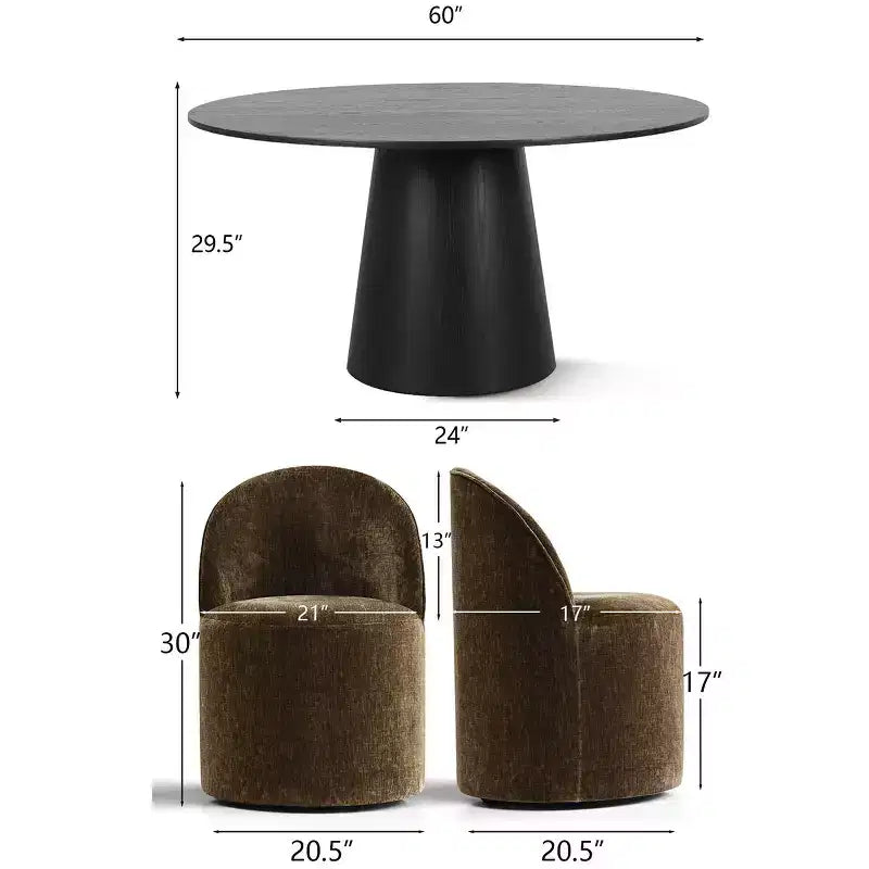 Set da pranzo rotondo moderno per 6 persone, tavolo da pranzo nero con piedistallo, sedie a botte girevoli in ciniglia con ruote - Panipeachy