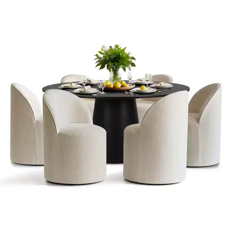 Set da pranzo rotondo moderno per 6 persone, tavolo da pranzo nero con piedistallo, sedie a botte girevoli in ciniglia con ruote - Panipeachy