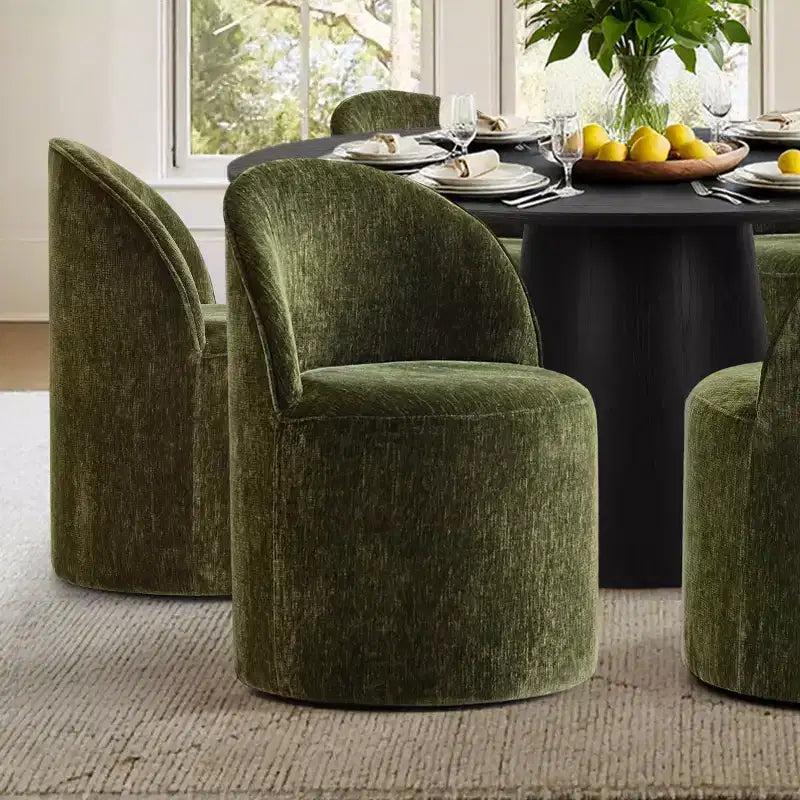 Set da pranzo rotondo moderno per 6 persone, tavolo da pranzo nero con piedistallo, sedie a botte girevoli in ciniglia con ruote - Panipeachy