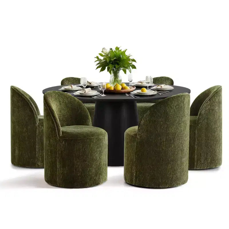 Set da pranzo rotondo moderno per 6 persone, tavolo da pranzo nero con piedistallo, sedie a botte girevoli in ciniglia con ruote - Panipeachy