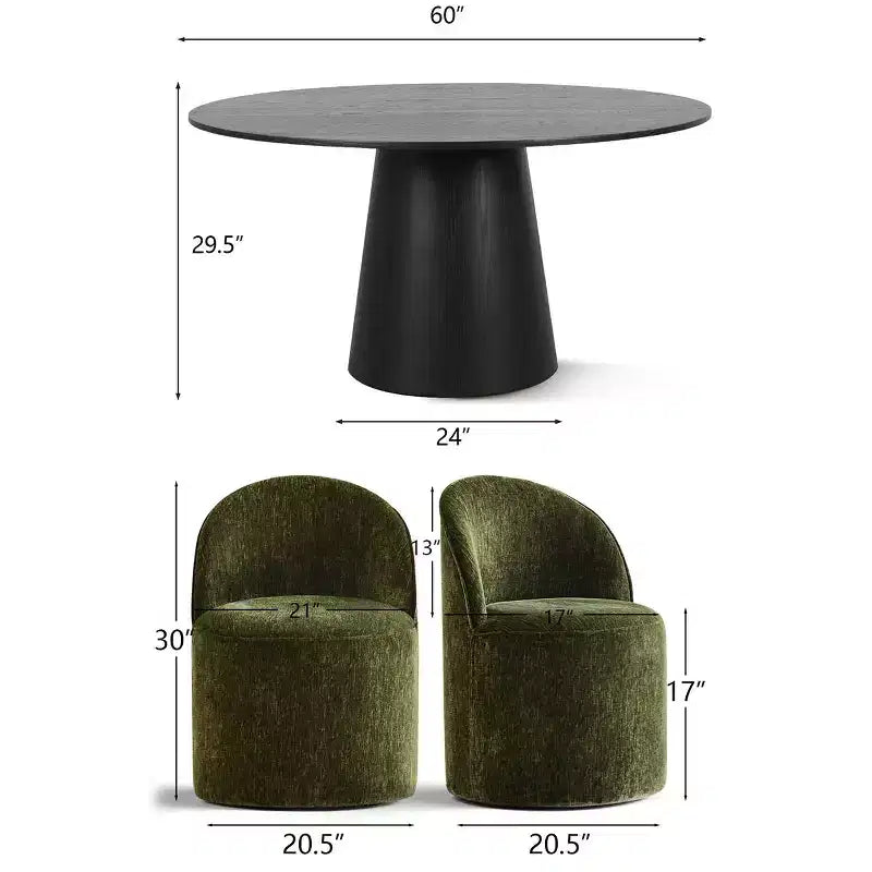 Set da pranzo rotondo moderno per 6 persone, tavolo da pranzo nero con piedistallo, sedie a botte girevoli in ciniglia con ruote - Panipeachy