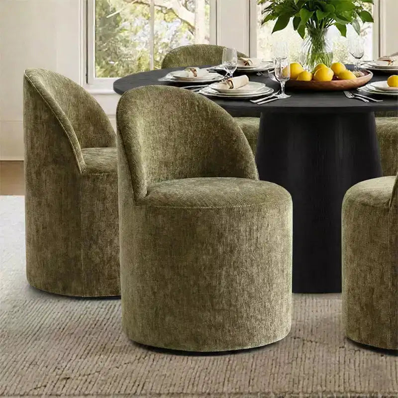 Set da pranzo rotondo moderno per 6 persone, tavolo da pranzo nero con piedistallo, sedie a botte girevoli in ciniglia con ruote - Panipeachy