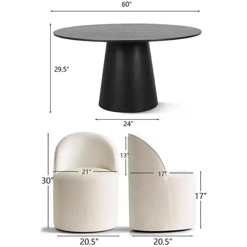 Set da pranzo rotondo moderno per 6 persone, tavolo da pranzo nero con piedistallo, sedie a botte girevoli in ciniglia con ruote - Panipeachy