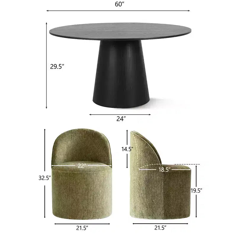 Set da pranzo rotondo moderno per 6 persone, tavolo da pranzo nero con piedistallo, sedie a botte girevoli in ciniglia con ruote - Panipeachy