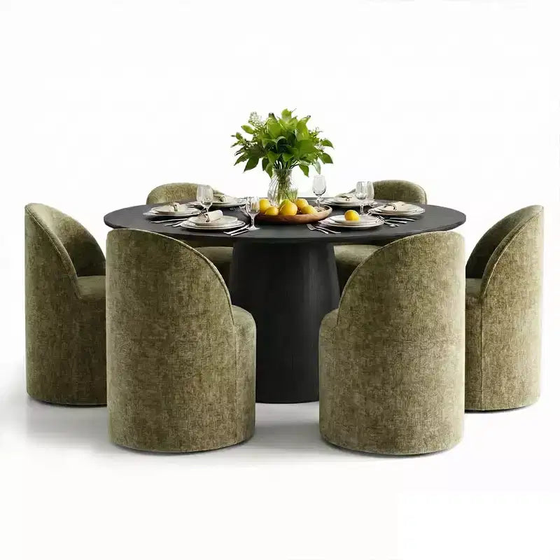 Set da pranzo rotondo moderno per 6 persone, tavolo da pranzo nero con piedistallo, sedie a botte girevoli in ciniglia con ruote - Panipeachy