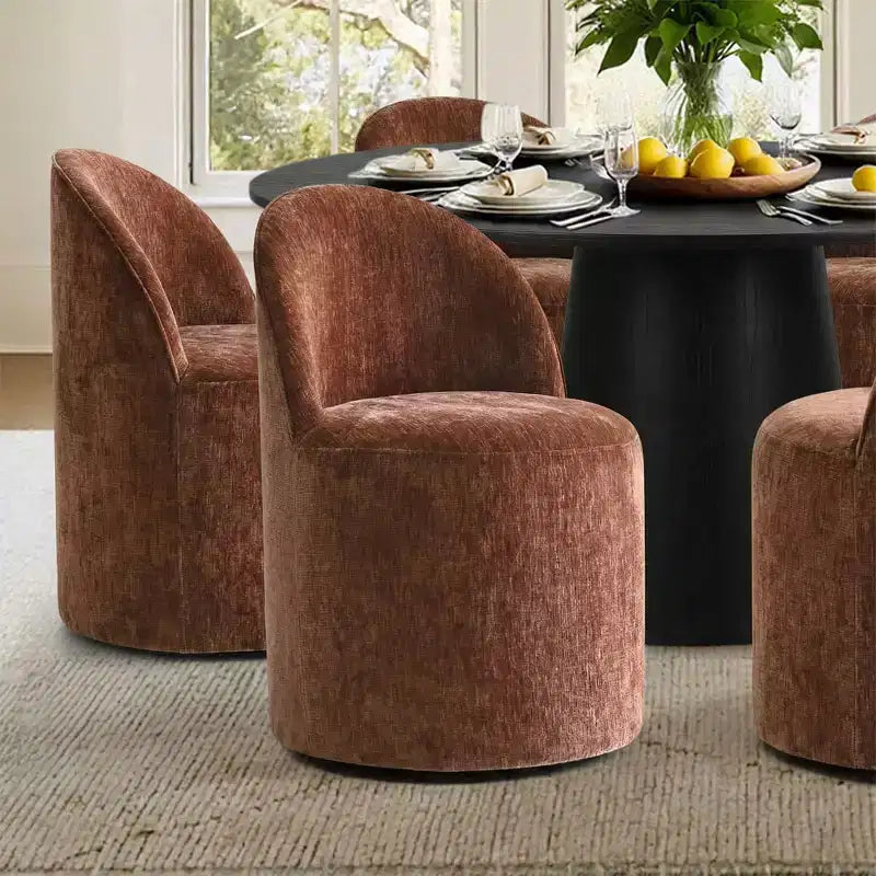 Set da pranzo rotondo moderno per 6 persone, tavolo da pranzo nero con piedistallo, sedie a botte girevoli in ciniglia con ruote - Panipeachy