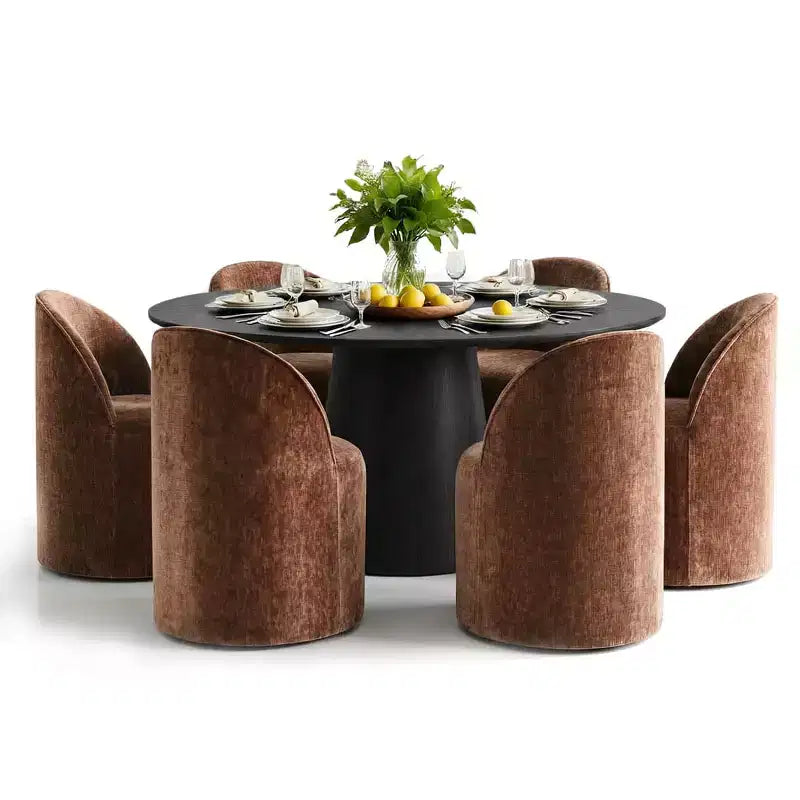 Set da pranzo rotondo moderno per 6 persone, tavolo da pranzo nero con piedistallo, sedie a botte girevoli in ciniglia con ruote - Panipeachy