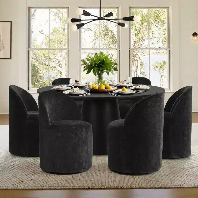 Set da pranzo rotondo moderno per 6 persone, tavolo da pranzo nero con piedistallo, sedie a botte girevoli in ciniglia con ruote - Panipeachy