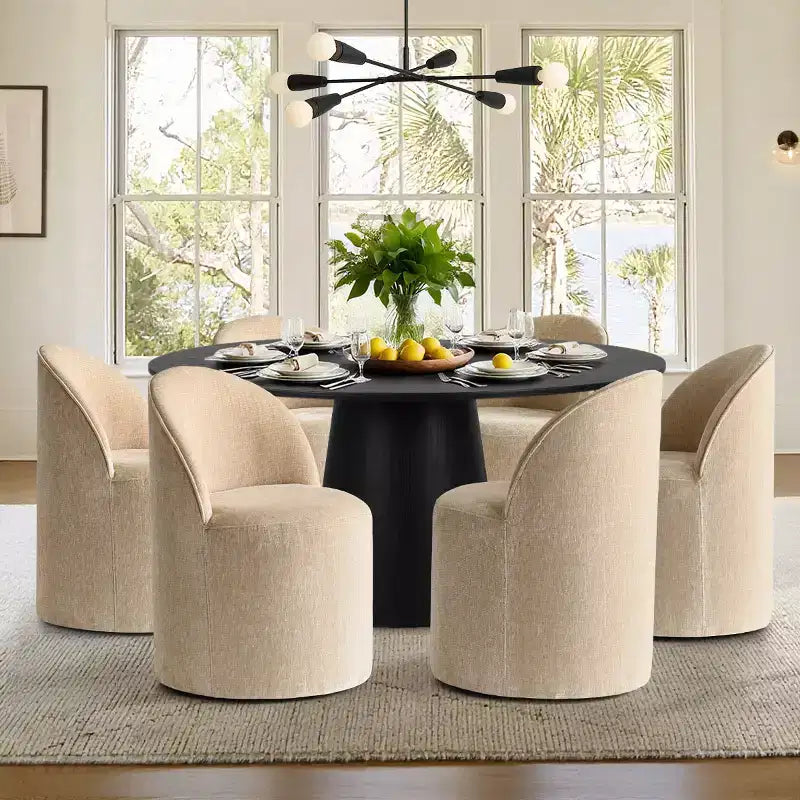 Set da pranzo rotondo moderno per 6 persone, tavolo da pranzo nero con piedistallo, sedie a botte girevoli in ciniglia con ruote - Panipeachy