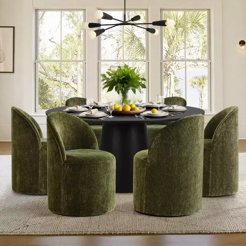 Set da pranzo rotondo moderno per 6 persone, tavolo da pranzo nero con piedistallo, sedie a botte girevoli in ciniglia con ruote - Panipeachy