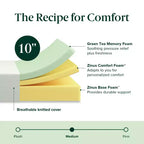 ZINUS Materasso in memory foam al tè verde, 10 pollici, queen, senza fibra di vetro, rigidità media, sollievo dalla pressione zonale, schiume e tessuto certificati sicuri.
