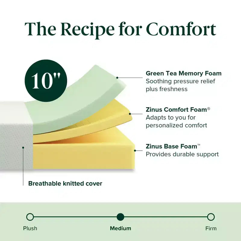 ZINUS Materasso in memory foam al tè verde, 10 pollici, queen, senza fibra di vetro, rigidità media, sollievo dalla pressione zonale, schiume e tessuto certificati sicuri.