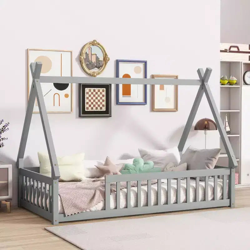 Letto a pavimento a forma di tenda Bellemave a una piazza con spondine e doghe