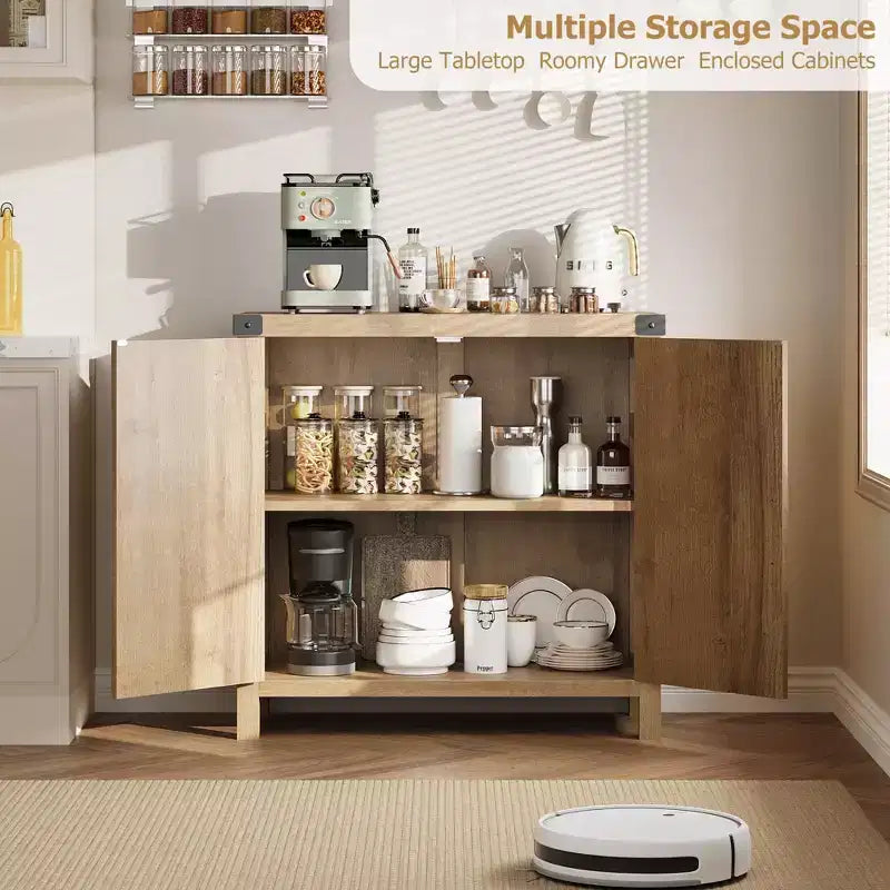 Mobile credenza in rattan, buffet contenitore rustico con inserti in legno in stile bohémien, perfetto angolo caffè per cucina, sala da pranzo e soggiorno, corridoio