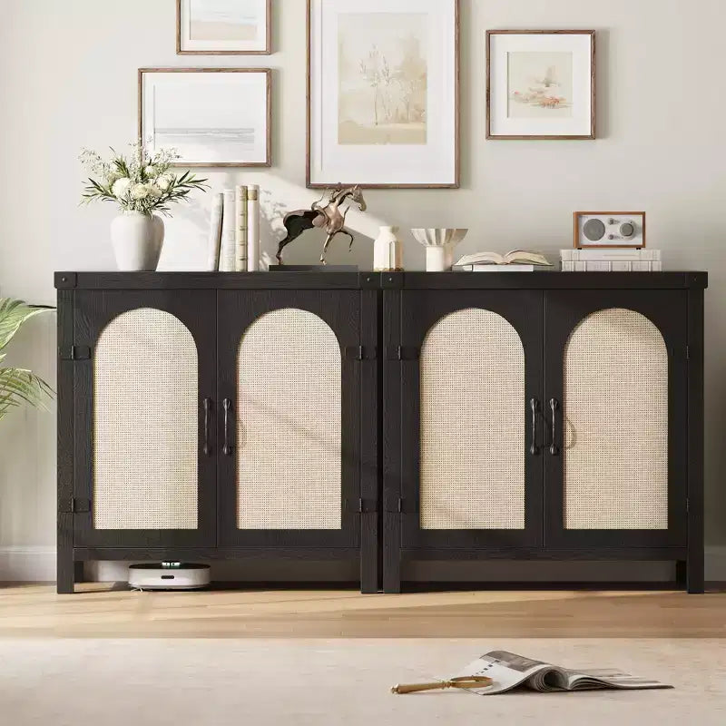 Mobile credenza in rattan, buffet contenitore rustico con inserti in legno in stile bohémien, perfetto angolo caffè per cucina, sala da pranzo e soggiorno, corridoio