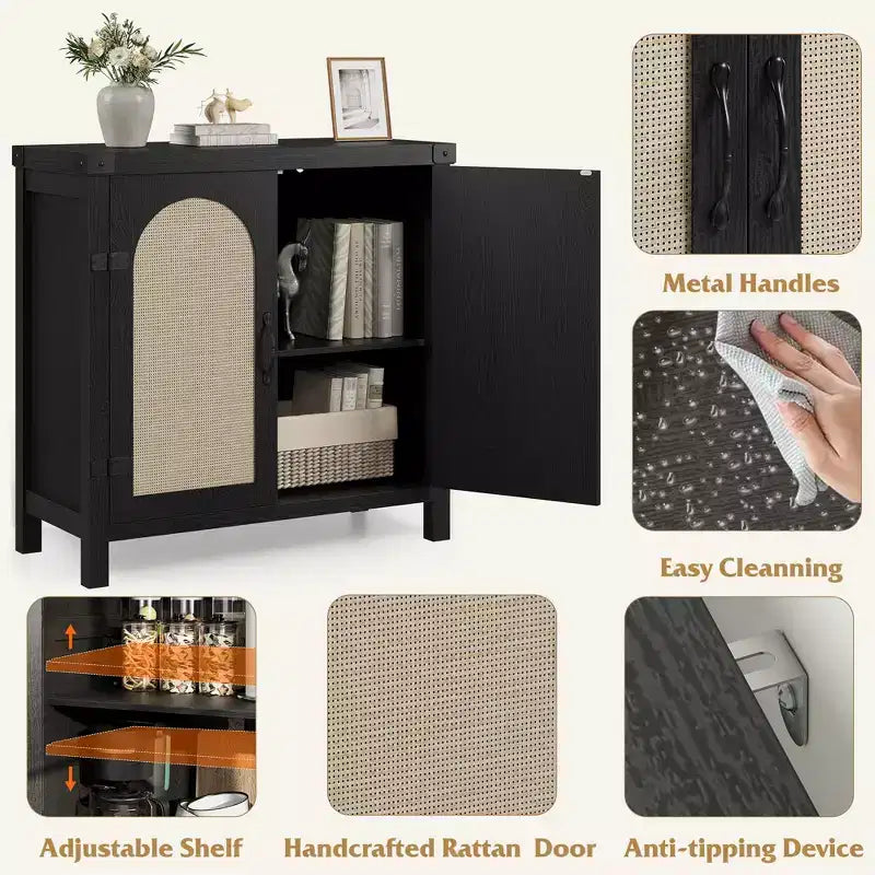Mobile credenza in rattan, buffet contenitore rustico con inserti in legno in stile bohémien, perfetto angolo caffè per cucina, sala da pranzo e soggiorno, corridoio