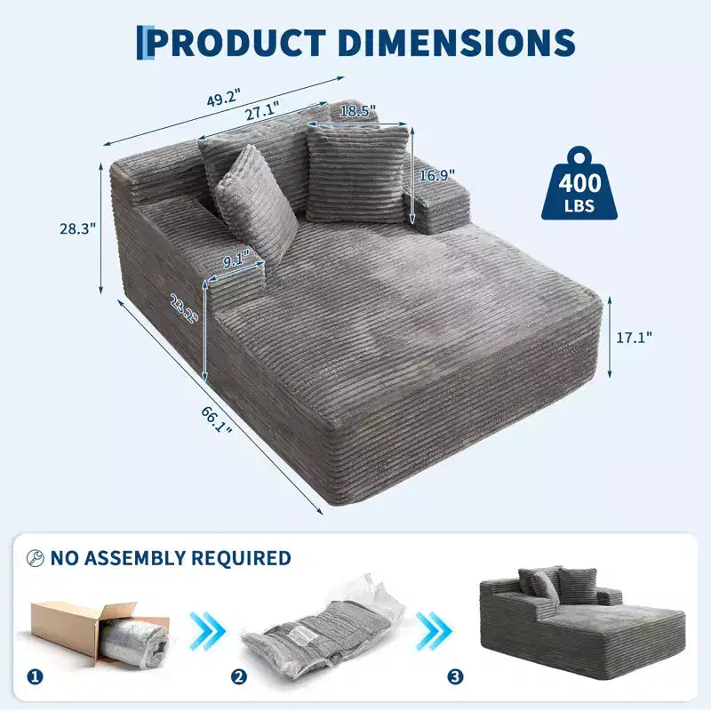 Acekool Poltrona Chaise Longue in Velluto a Coste Oversize, Grigio 170x127 cm Divano Letto Profondo Cloud, Divano da Terra Senza Montaggio per Soggiorno Camera da Letto