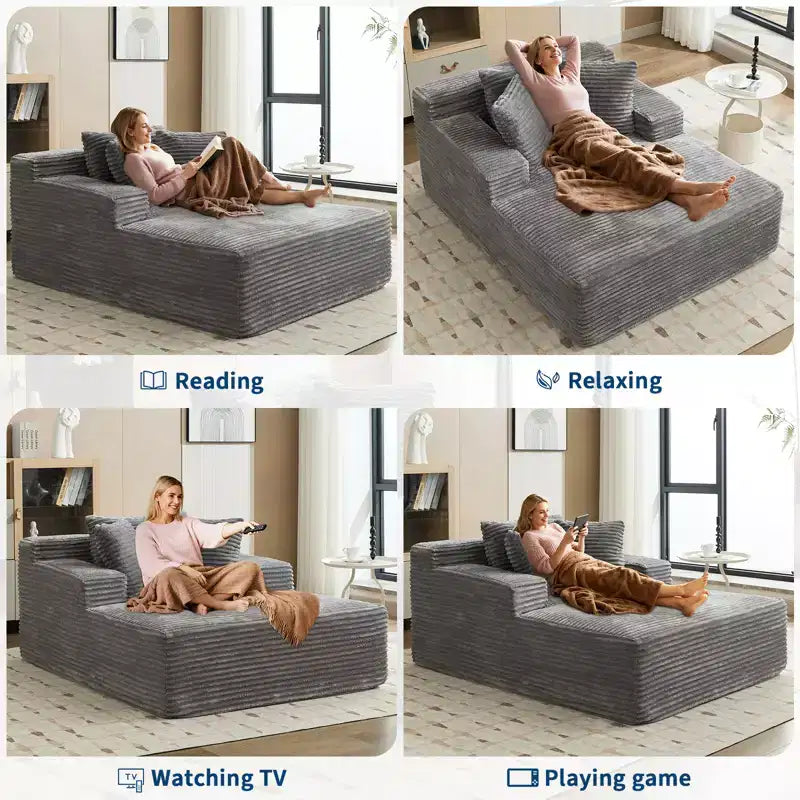 Acekool Poltrona Chaise Longue in Velluto a Coste Oversize, Grigio 170x127 cm Divano Letto Profondo Cloud, Divano da Terra Senza Montaggio per Soggiorno Camera da Letto