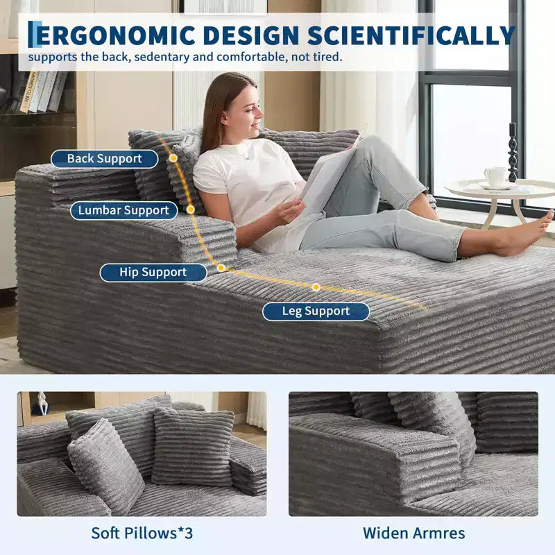 Acekool Poltrona Chaise Longue in Velluto a Coste Oversize, Grigio 170x127 cm Divano Letto Profondo Cloud, Divano da Terra Senza Montaggio per Soggiorno Camera da Letto
