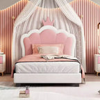 MAYEERTY Twin Size Upholstered Princess Bed with Crown Headboard Footboard for Bedroom Cream Pink