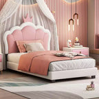 MAYEERTY Letto per Bambini Singolo Imbottito Principessa con Testiera e Pediera a Corona per Camera da Letto, Rosa Crema
