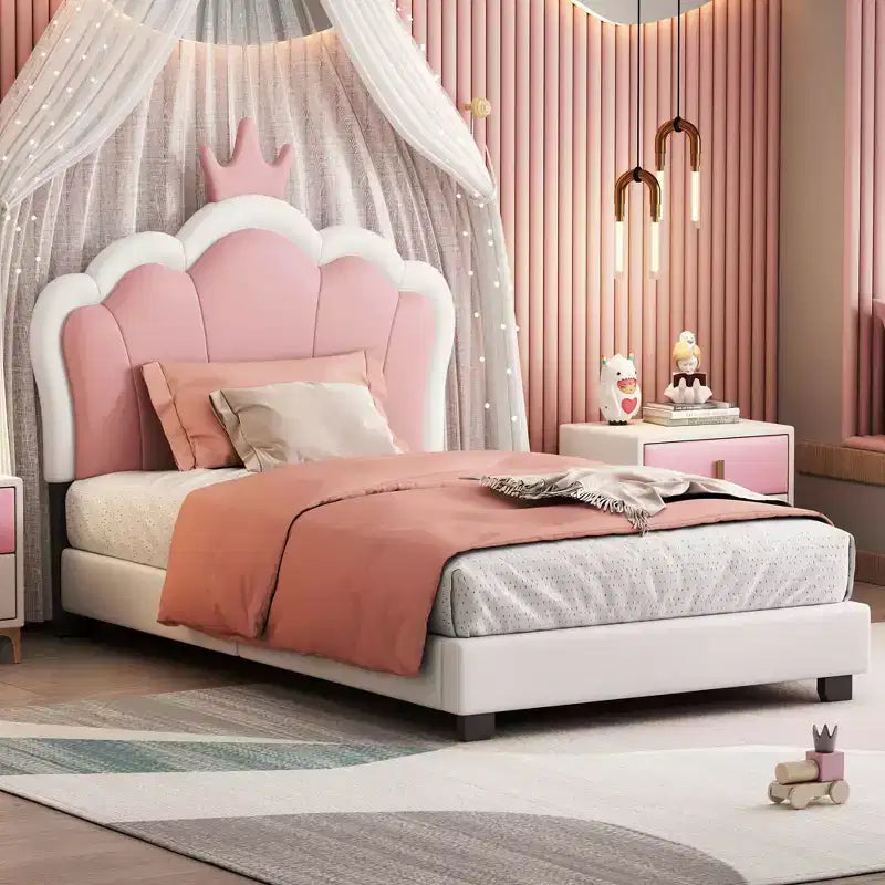 MAYEERTY Letto per Bambini Singolo Imbottito Principessa con Testiera e Pediera a Corona per Camera da Letto, Rosa Crema