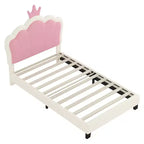 MAYEERTY Letto per Bambini Singolo Imbottito Principessa con Testiera e Pediera a Corona per Camera da Letto, Rosa Crema