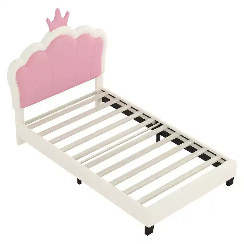 MAYEERTY Letto per Bambini Singolo Imbottito Principessa con Testiera e Pediera a Corona per Camera da Letto, Rosa Crema