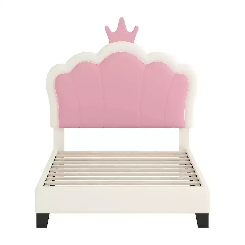 MAYEERTY Letto per Bambini Singolo Imbottito Principessa con Testiera e Pediera a Corona per Camera da Letto, Rosa Crema