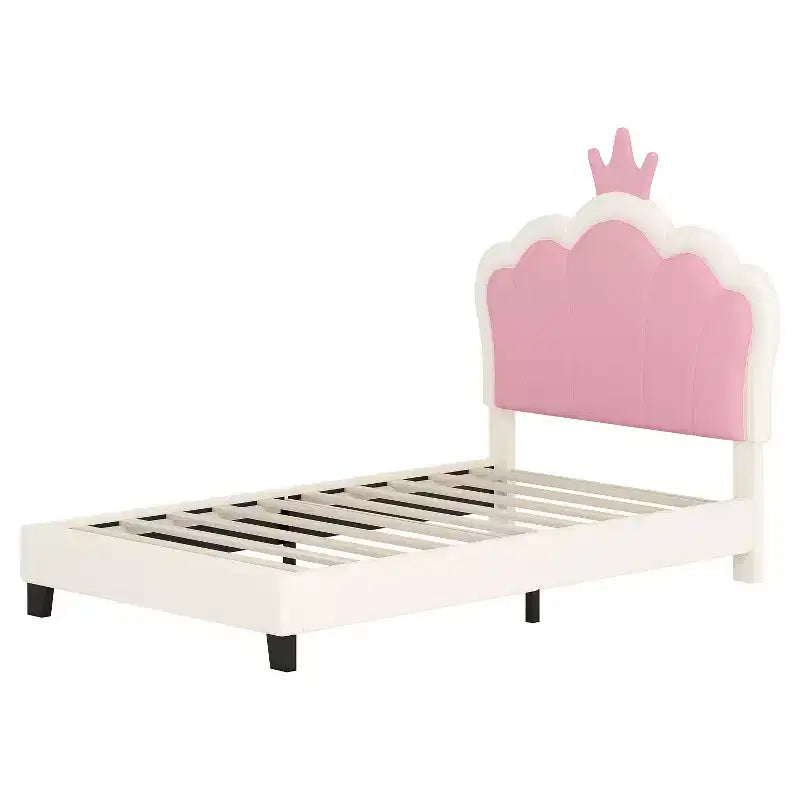 MAYEERTY Letto per Bambini Singolo Imbottito Principessa con Testiera e Pediera a Corona per Camera da Letto, Rosa Crema