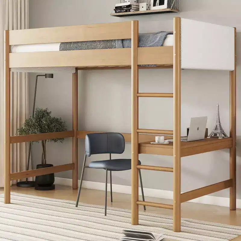 Whisen Twin Size Bed with Boucle Upholstered Headboard and Footboard with Ladder, Safety Guardrails - Natural