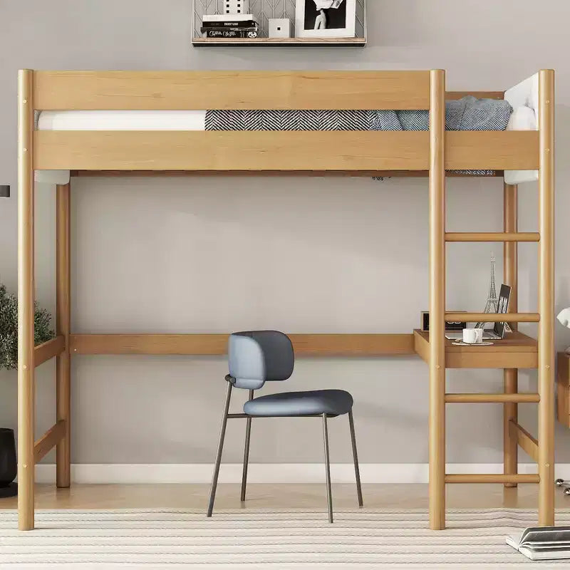 Letto singolo Whisen con testiera e pediera imbottite in tessuto Bouclé con scaletta, sponde di sicurezza - Naturale
