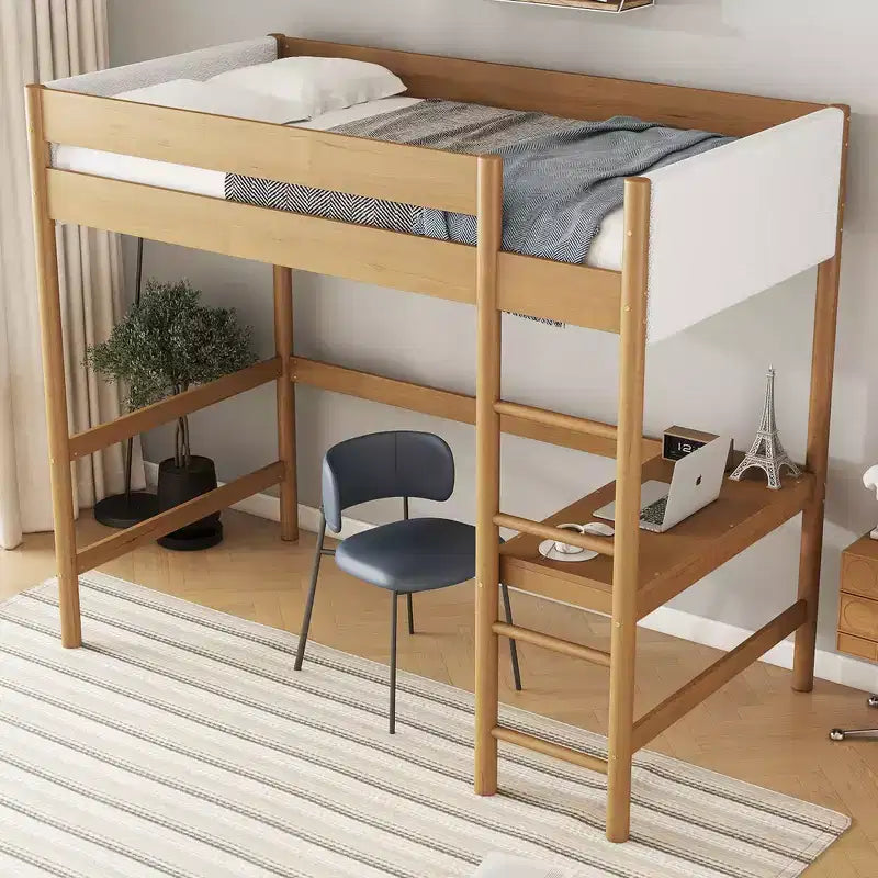 Letto singolo Whisen con testiera e pediera imbottite in tessuto Bouclé con scaletta, sponde di sicurezza - Naturale