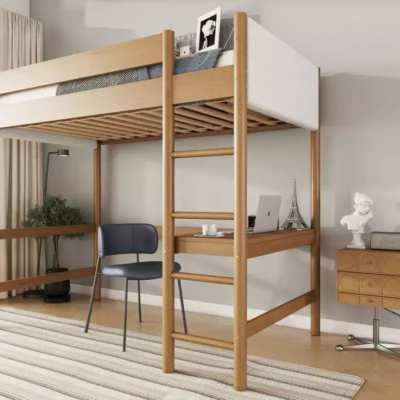 Letto singolo Whisen con testiera e pediera imbottite in tessuto Bouclé con scaletta, sponde di sicurezza - Naturale