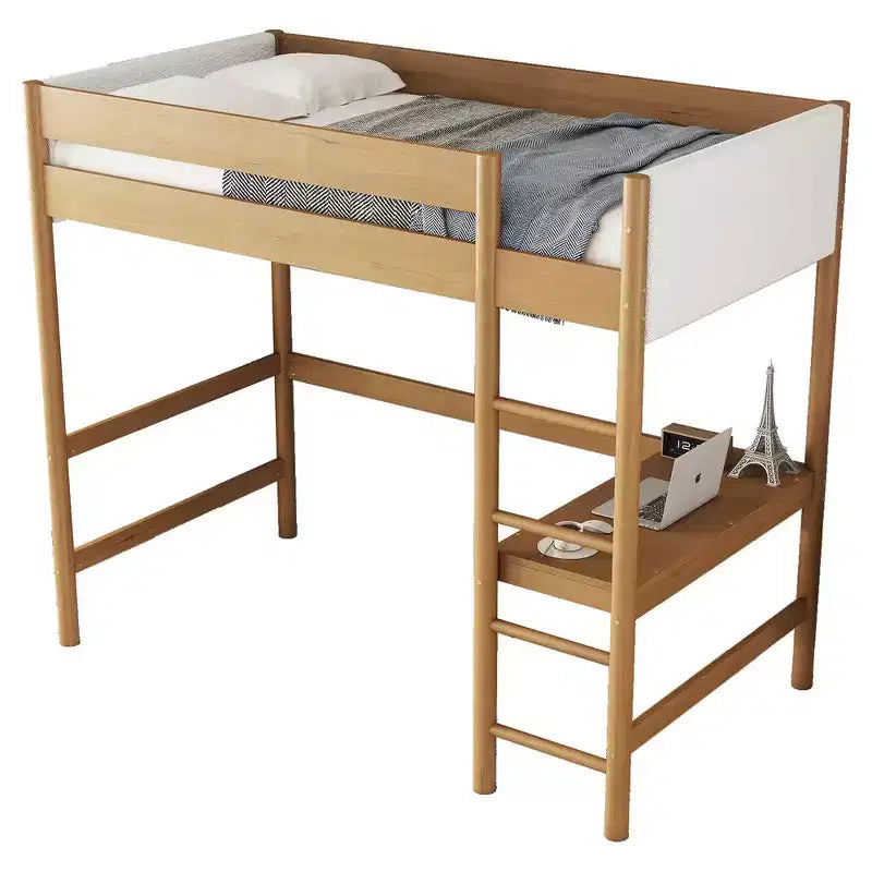 Letto singolo Whisen con testiera e pediera imbottite in tessuto Bouclé con scaletta, sponde di sicurezza - Naturale