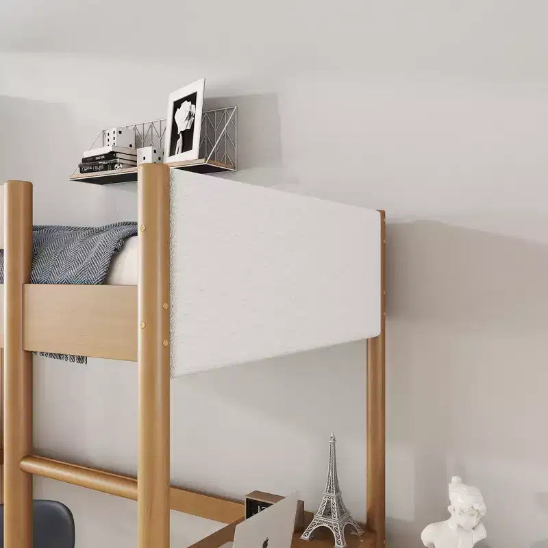 Letto singolo Whisen con testiera e pediera imbottite in tessuto Bouclé con scaletta, sponde di sicurezza - Naturale