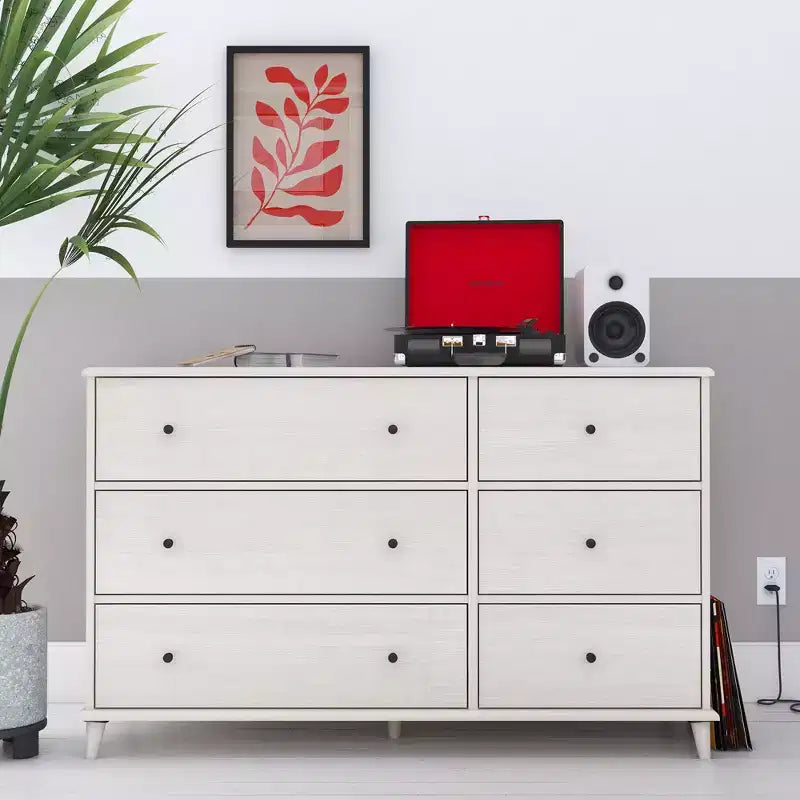 JVNOXK 51 Ivory Mid-Century Modern 6 Drawer Dresser, Farnsworth Storage Cabinet with Metal Slides, Engineered Wood