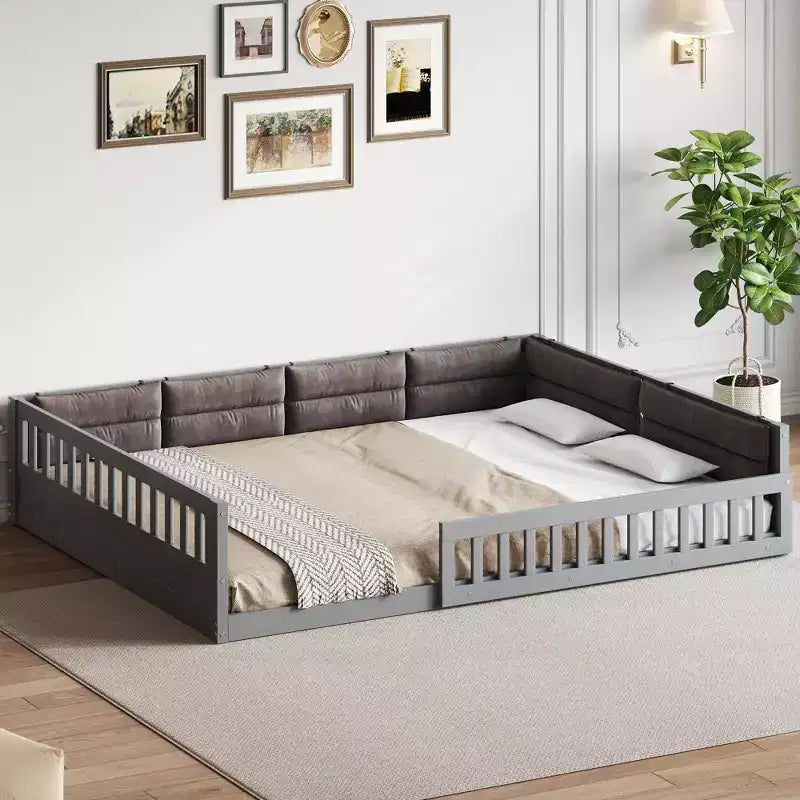 Bellemave Letto a piattaforma in legno imbottito Full Size con spondina e cuscino, nessuna rete a molle necessaria, robusta struttura in pino, grigio
