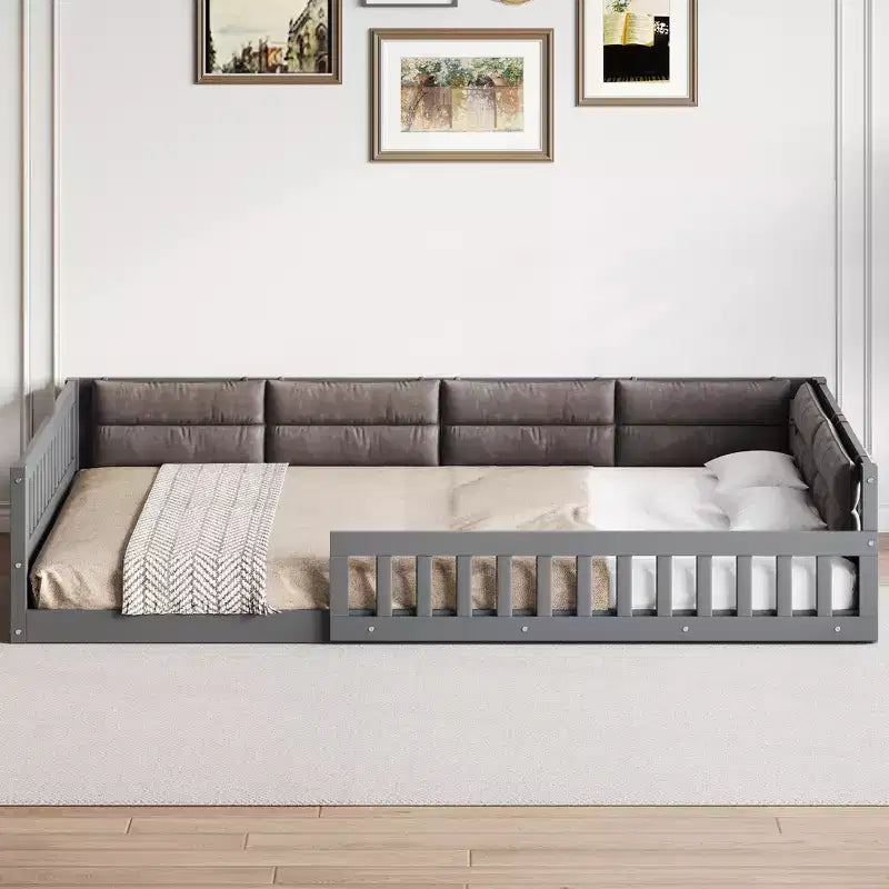 Bellemave Letto a piattaforma in legno imbottito Full Size con spondina e cuscino, nessuna rete a molle necessaria, robusta struttura in pino, grigio