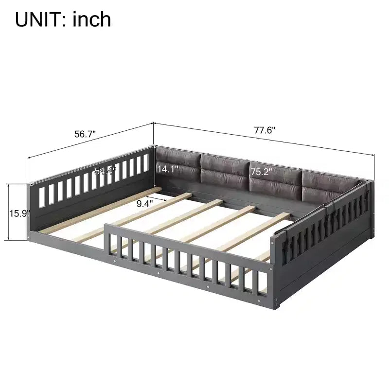 Bellemave Letto a piattaforma in legno imbottito Full Size con spondina e cuscino, nessuna rete a molle necessaria, robusta struttura in pino, grigio