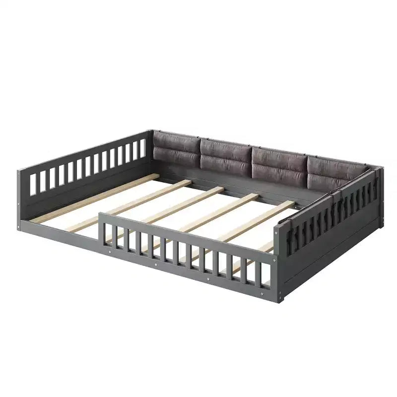 Bellemave Letto a piattaforma in legno imbottito Full Size con spondina e cuscino, nessuna rete a molle necessaria, robusta struttura in pino, grigio