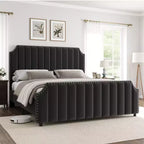 Struttura letto a piattaforma California King Size con testiera alta 50,2 pollici, letto imbottito con testiera e pediera trapuntate a canali verticali, finiture con borchie