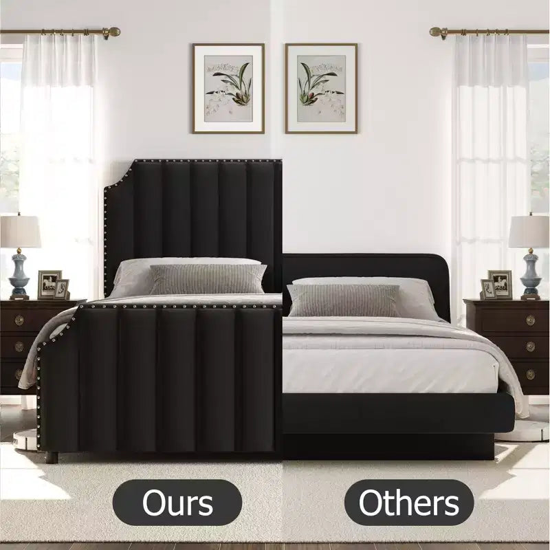 Struttura letto a piattaforma California King Size con testiera alta 50,2 pollici, letto imbottito con testiera e pediera trapuntate a canali verticali, finiture con borchie