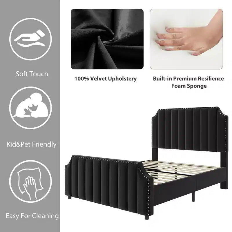 Struttura letto a piattaforma California King Size con testiera alta 50,2 pollici, letto imbottito con testiera e pediera trapuntate a canali verticali, finiture con borchie