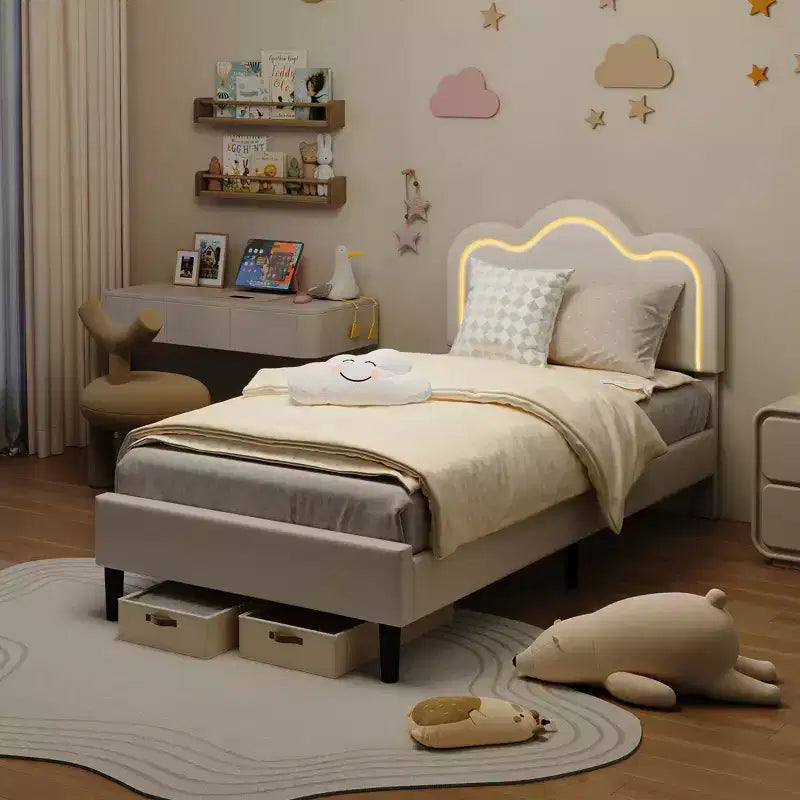 Modern Twin Size Upholstered Bed Frame for Kids  Features Adjustable Headboard, RGB Mood Lighting & Noise-Free Support (No Box Spring), Beige Fabric