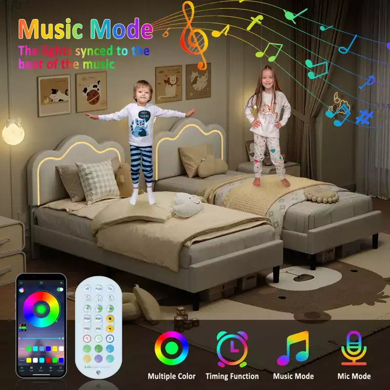 Struttura letto moderna in tessuto imbottito per bambini, singola (twin), con testiera regolabile, illuminazione d'atmosfera RGB e supporto silenzioso (senza molle), in tessuto beige