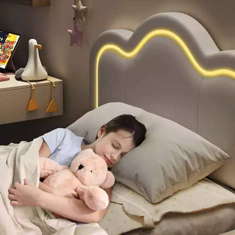 Struttura letto moderna in tessuto imbottito per bambini, singola (twin), con testiera regolabile, illuminazione d'atmosfera RGB e supporto silenzioso (senza molle), in tessuto beige